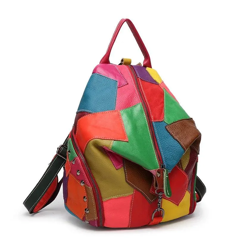Genuine Leather Patchwork Backpack – Stylish & Spacious for Travel & Daily Use