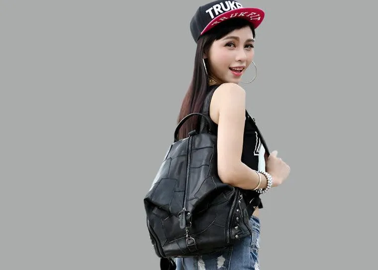 Genuine Leather Patchwork Backpack – Stylish & Spacious for Travel & Daily Use