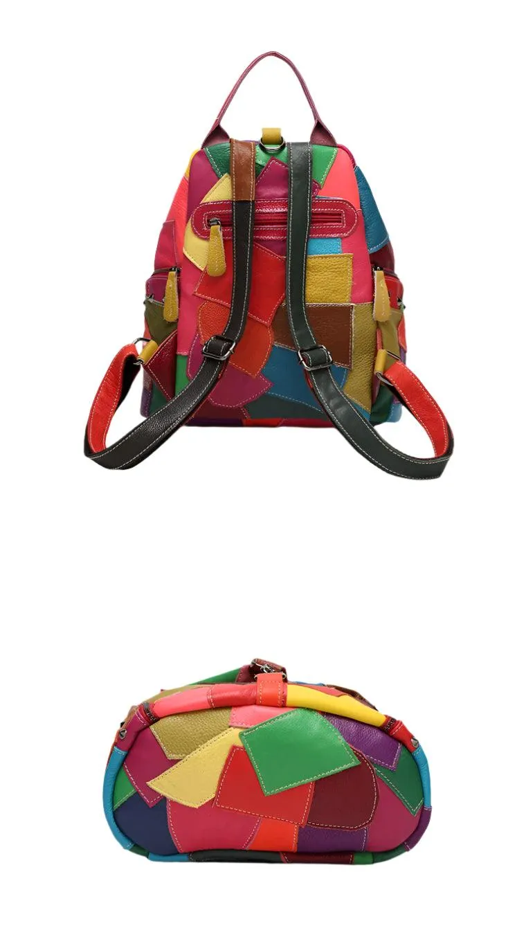 Genuine Leather Patchwork Backpack – Stylish & Spacious for Travel & Daily Use