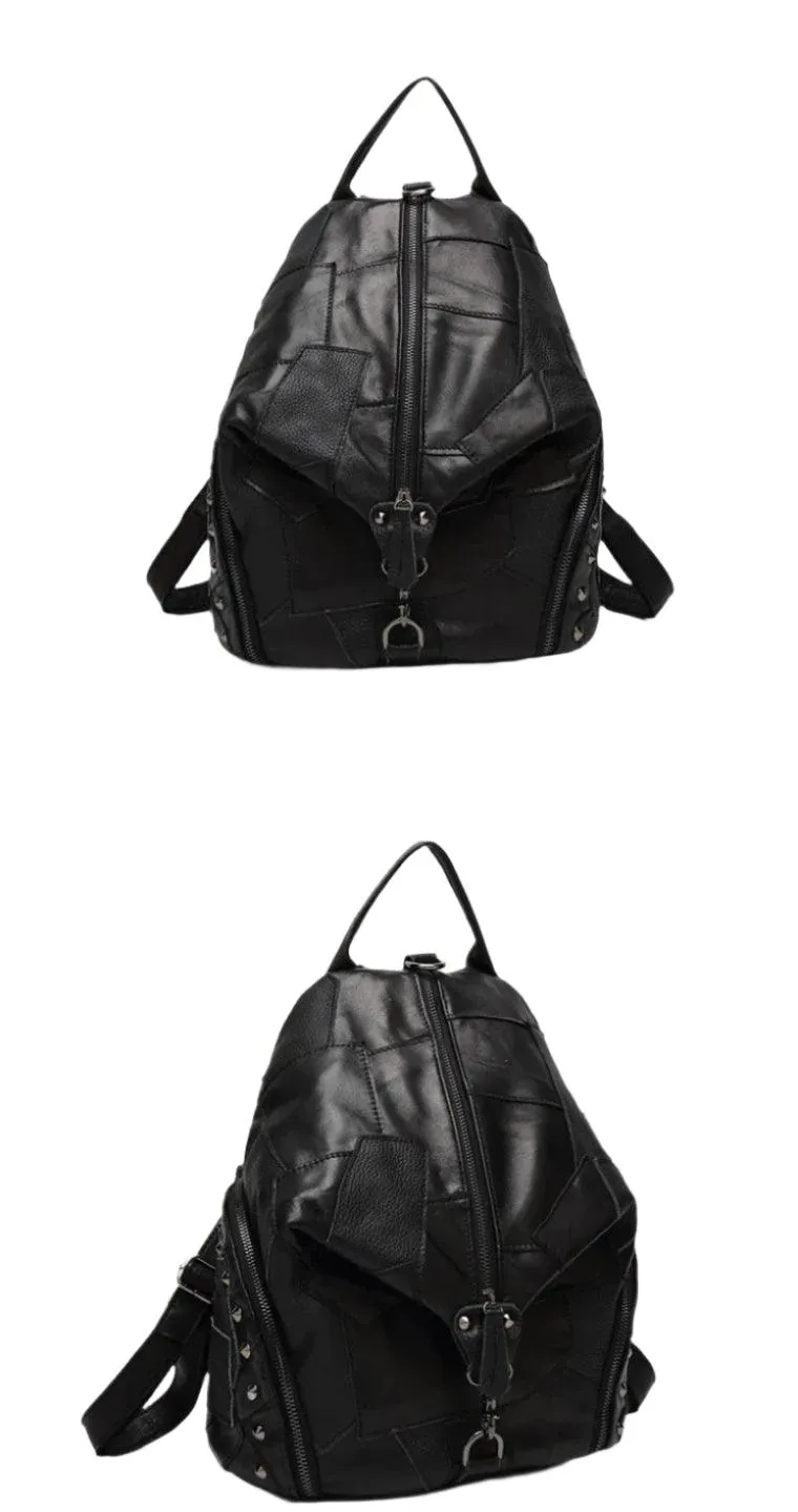 Genuine Leather Patchwork Backpack – Stylish & Spacious for Travel & Daily Use