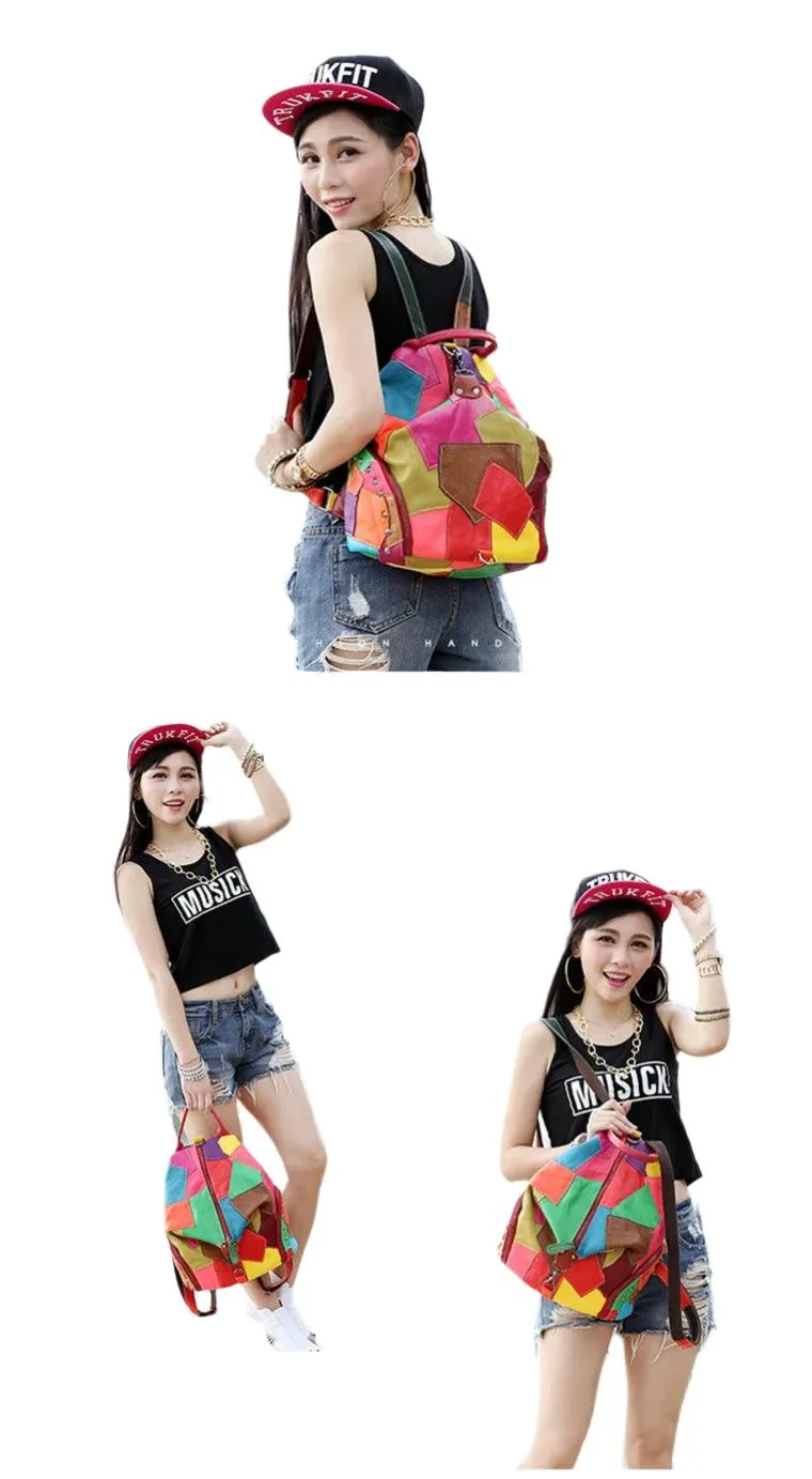 Genuine Leather Patchwork Backpack – Stylish & Spacious for Travel & Daily Use
