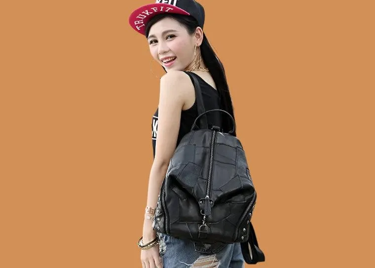 Genuine Leather Patchwork Backpack – Stylish & Spacious for Travel & Daily Use