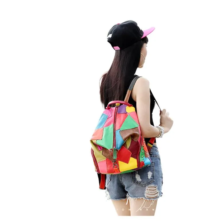 Genuine Leather Patchwork Backpack – Stylish & Spacious for Travel & Daily Use