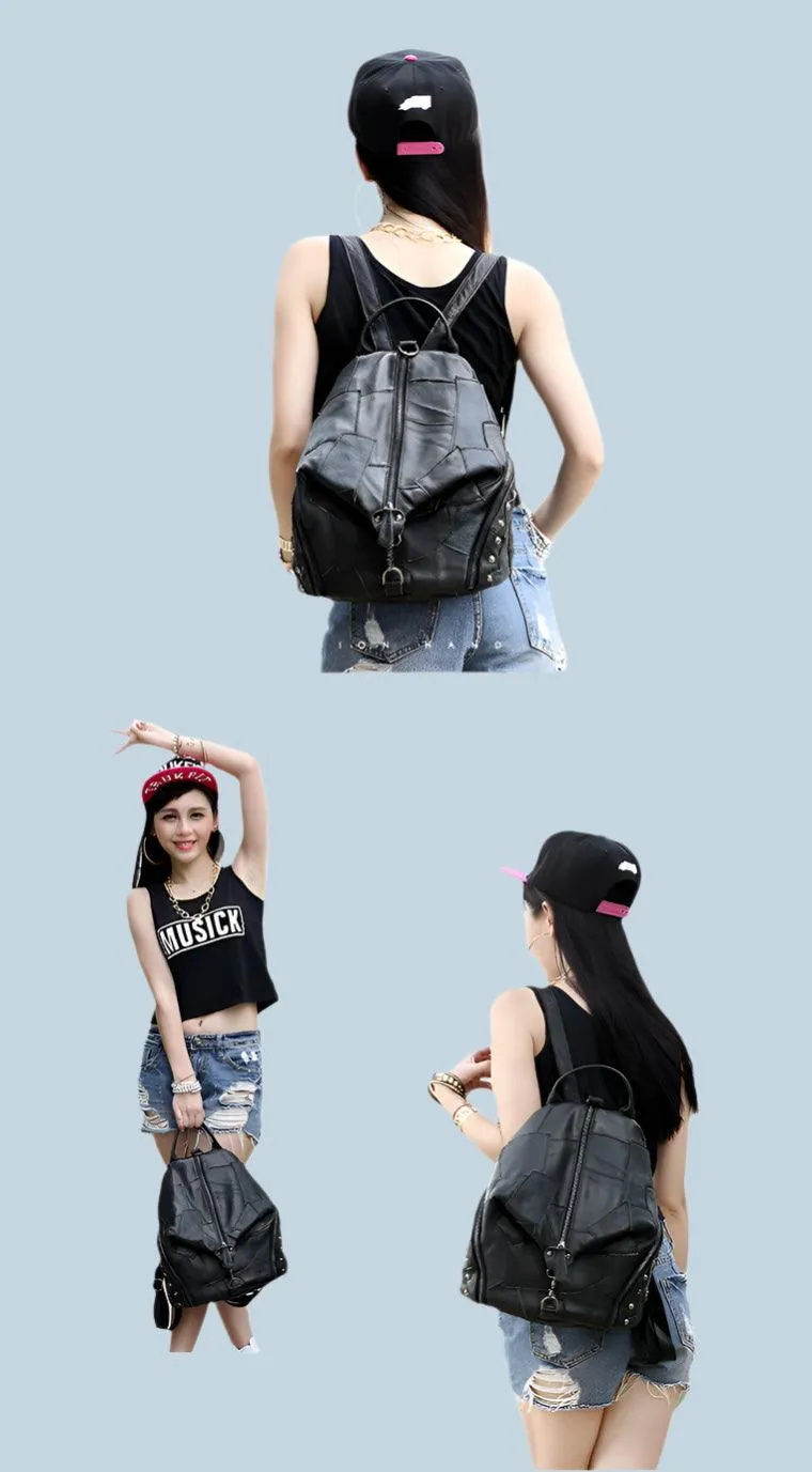 Genuine Leather Patchwork Backpack – Stylish & Spacious for Travel & Daily Use