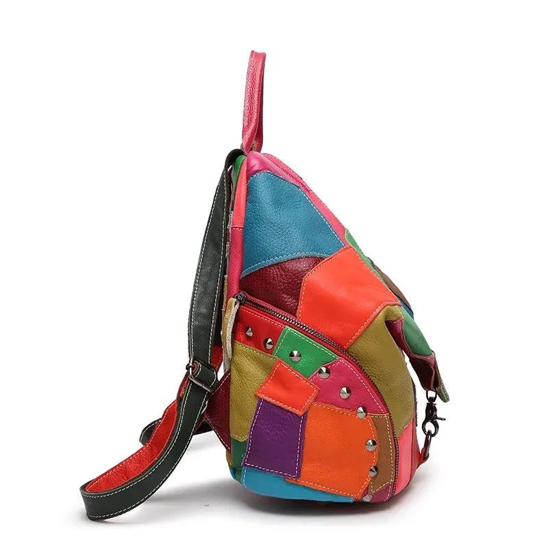 Genuine Leather Patchwork Backpack – Stylish & Spacious for Travel & Daily Use