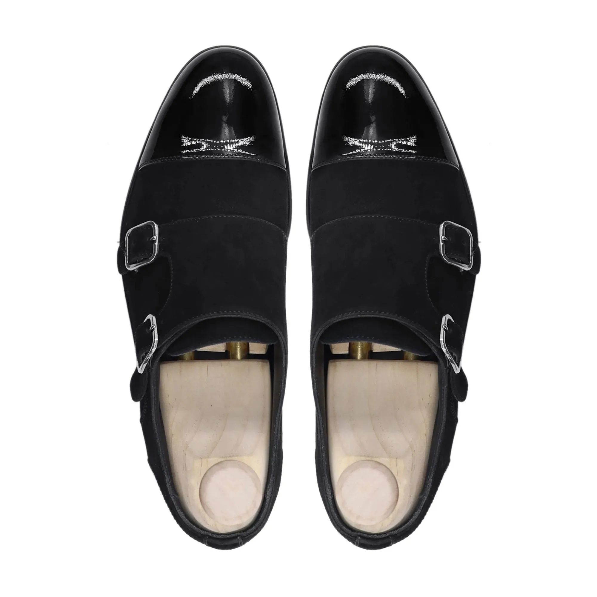 Handmade Custom Men Black Calf & Suede Leather Double Monkstrap Shoes
