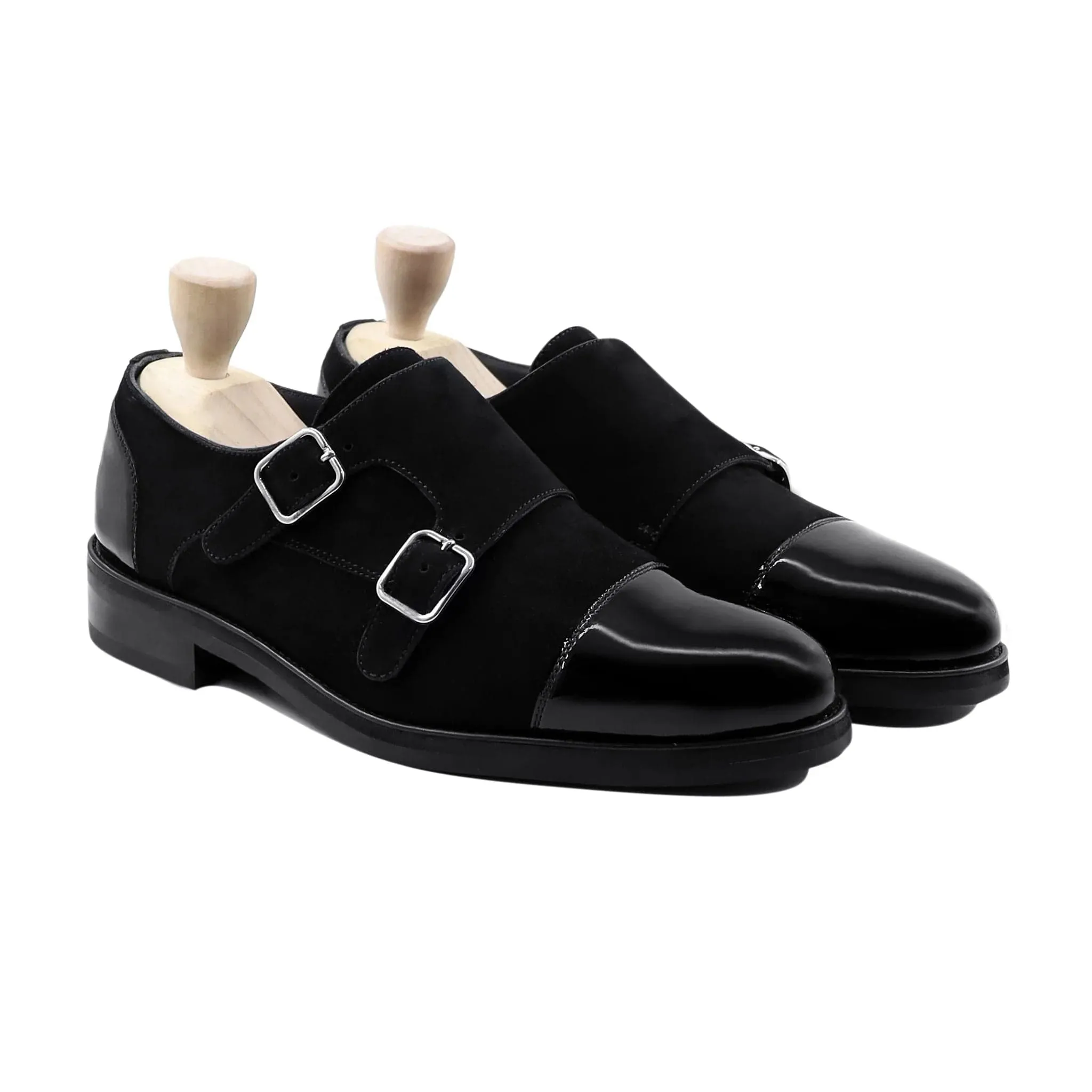 Handmade Custom Men Black Calf & Suede Leather Double Monkstrap Shoes