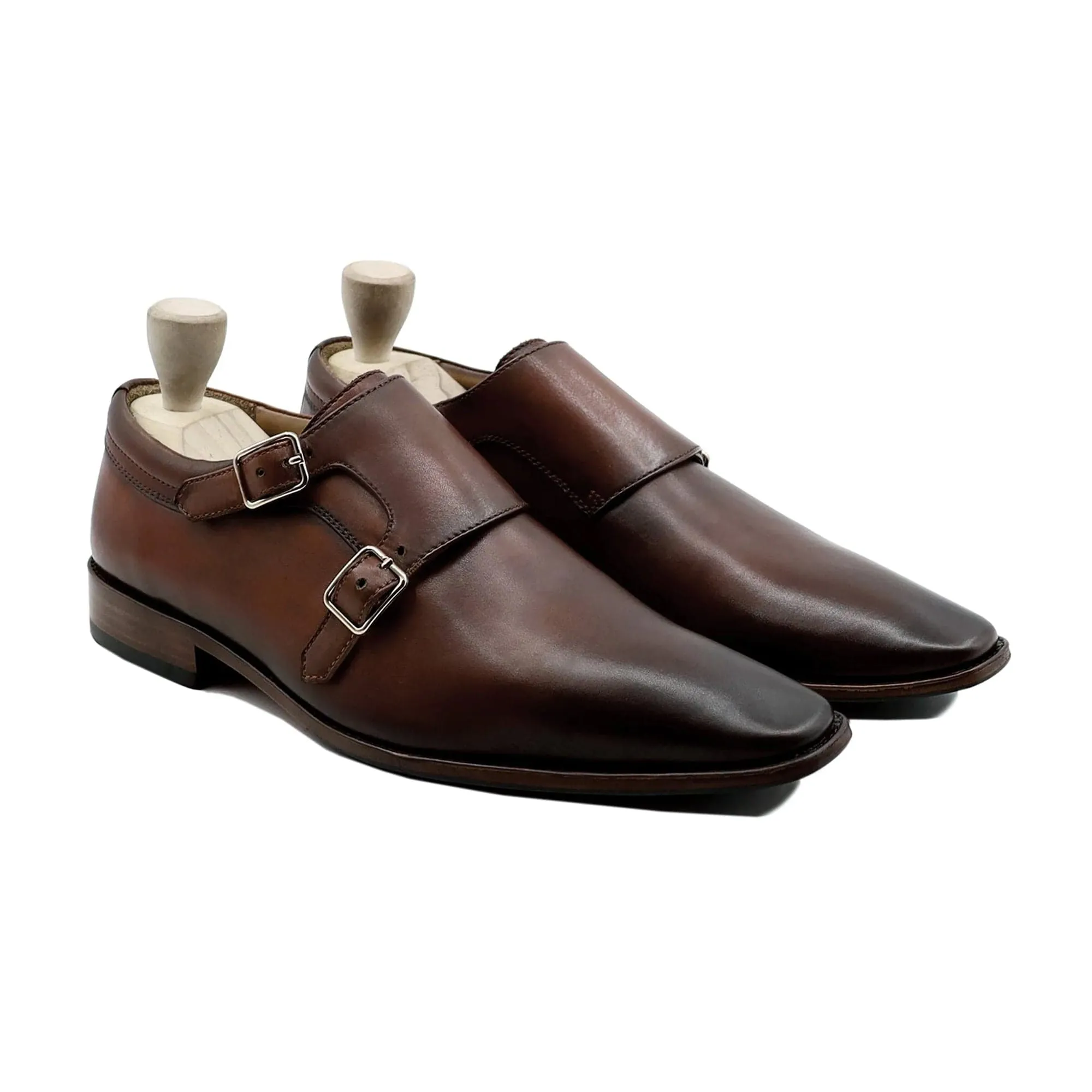 Handmade Customizable Calf Leather Brown Mens Monkstrap Shoes