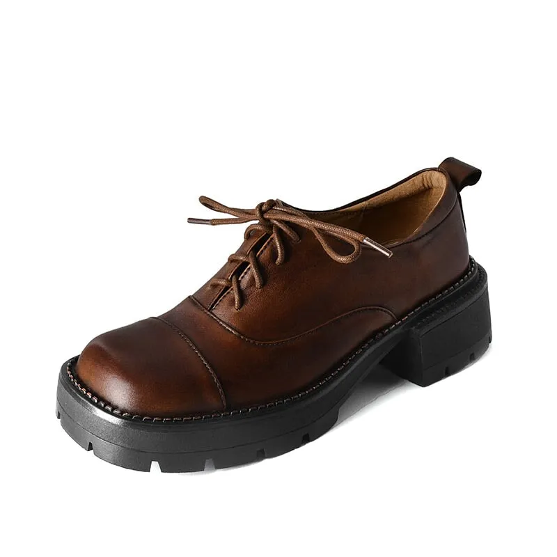 Handmade Genuine Leather 40mm Platform Cap Toe Oxford Shoes in Brown/Black/Coffee