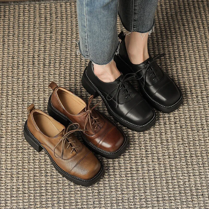 Handmade Genuine Leather 40mm Platform Cap Toe Oxford Shoes in Brown/Black/Coffee