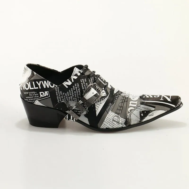 Hollywood Newsprint Cowhide Leather Pointed-Toe Oxfords for Men