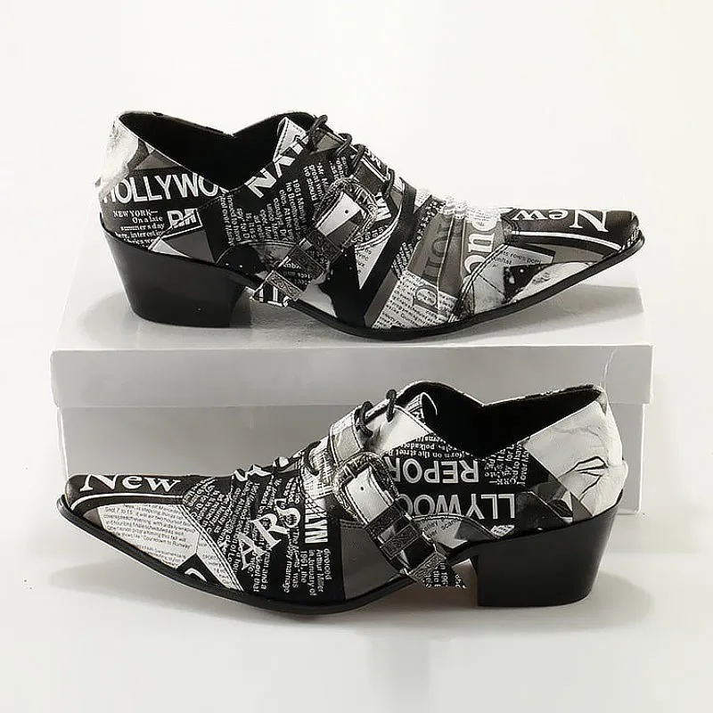 Hollywood Newsprint Cowhide Leather Pointed-Toe Oxfords for Men