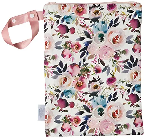 Itzy Ritzy Sealed Wet Bag with Adjustable Handle – Washable and Reusable Wet Bag with Water Resistant Lining Ideal for Swimwear, Diapers, Gym Clothes & Toiletries; Measures 11” x 14”, Blush Floral