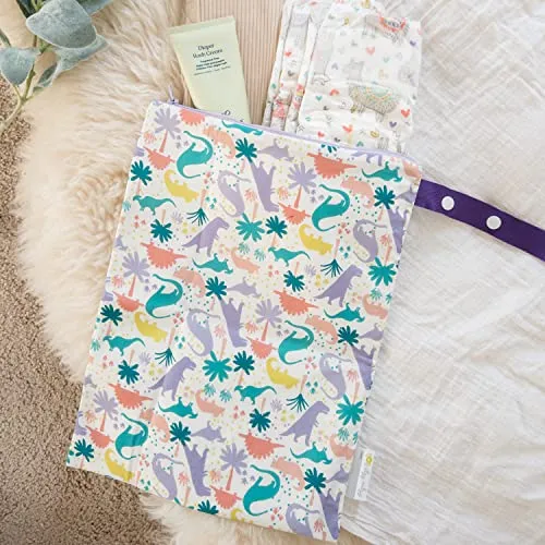 Itzy Ritzy Sealed Wet Bag with Adjustable Handle – Washable and Reusable Wet Bag with Water Resistant Lining Ideal for Swimwear, Diapers, Gym Clothes & Toiletries; Measures 11” x 14”, Darling Dinos
