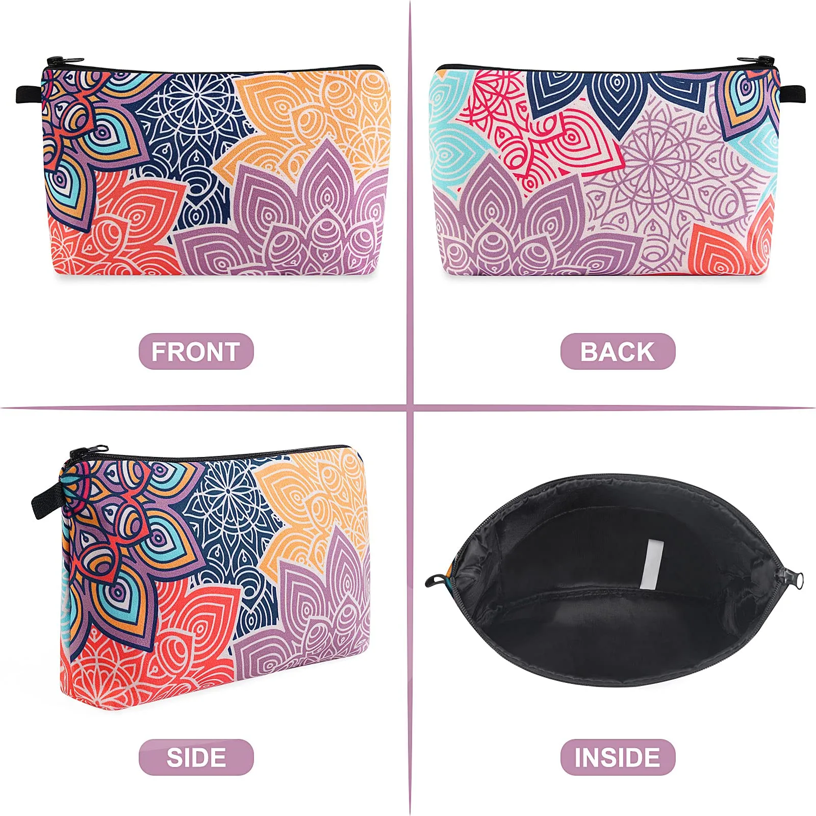 MAGEFY Cosmetic Bag 2 Styles Portable Travel Makeup Bag for Women Flower Patterns Zipper Pouches Gifts Bag for Girls Makeup Pouch with Black Zipper (2 Packs, Geometric pattern 0189 Colorful petals 0194)