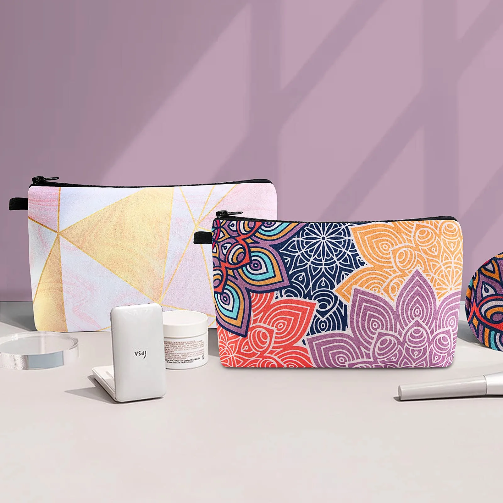 MAGEFY Cosmetic Bag 2 Styles Portable Travel Makeup Bag for Women Flower Patterns Zipper Pouches Gifts Bag for Girls Makeup Pouch with Black Zipper (2 Packs, Geometric pattern 0189 Colorful petals 0194)
