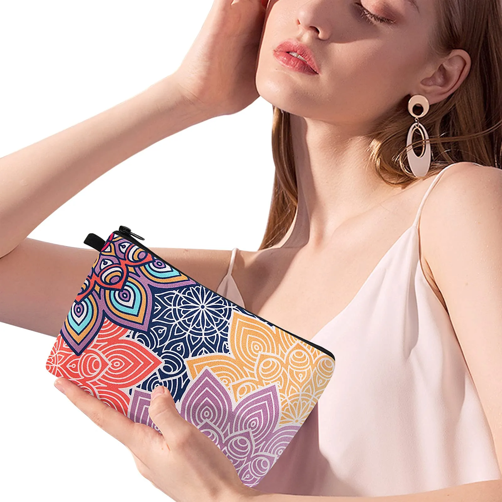 MAGEFY Cosmetic Bag 2 Styles Portable Travel Makeup Bag for Women Flower Patterns Zipper Pouches Gifts Bag for Girls Makeup Pouch with Black Zipper (2 Packs, Geometric pattern 0189 Colorful petals 0194)