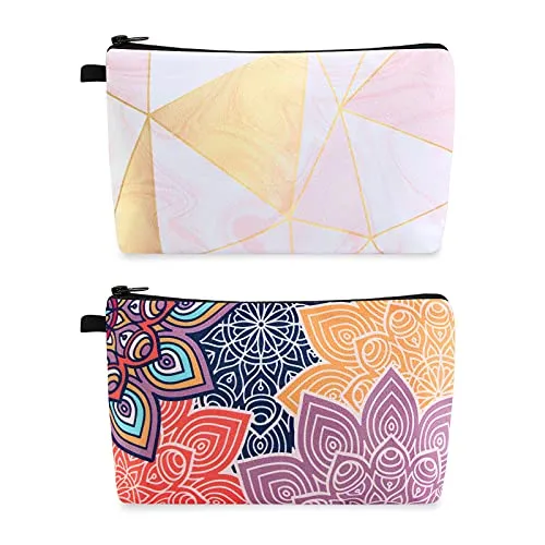 MAGEFY Cosmetic Bag 2 Styles Portable Travel Makeup Bag for Women Flower Patterns Zipper Pouches Gifts Bag for Girls Makeup Pouch with Black Zipper (2 Packs, Geometric pattern 0189 Colorful petals 0194)