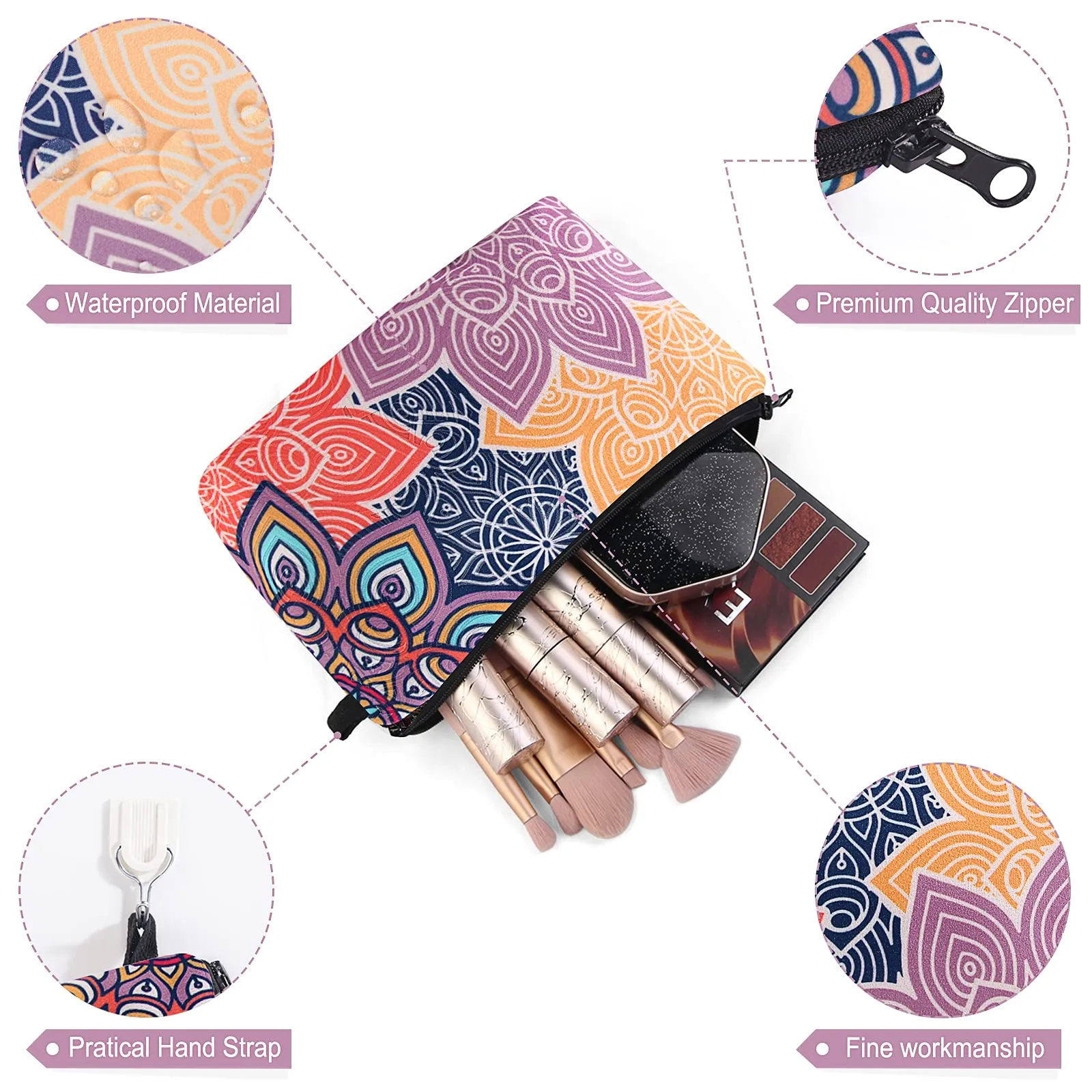 MAGEFY Cosmetic Bag 2 Styles Portable Travel Makeup Bag for Women Flower Patterns Zipper Pouches Gifts Bag for Girls Makeup Pouch with Black Zipper (2 Packs, Geometric pattern 0189 Colorful petals 0194)
