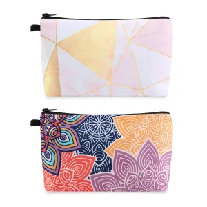 MAGEFY Cosmetic Bag 2 Styles Portable Travel Makeup Bag for Women Flower Patterns Zipper Pouches Gifts Bag for Girls Makeup Pouch with Black Zipper (2 Packs, Geometric pattern 0189 Colorful petals 0194)