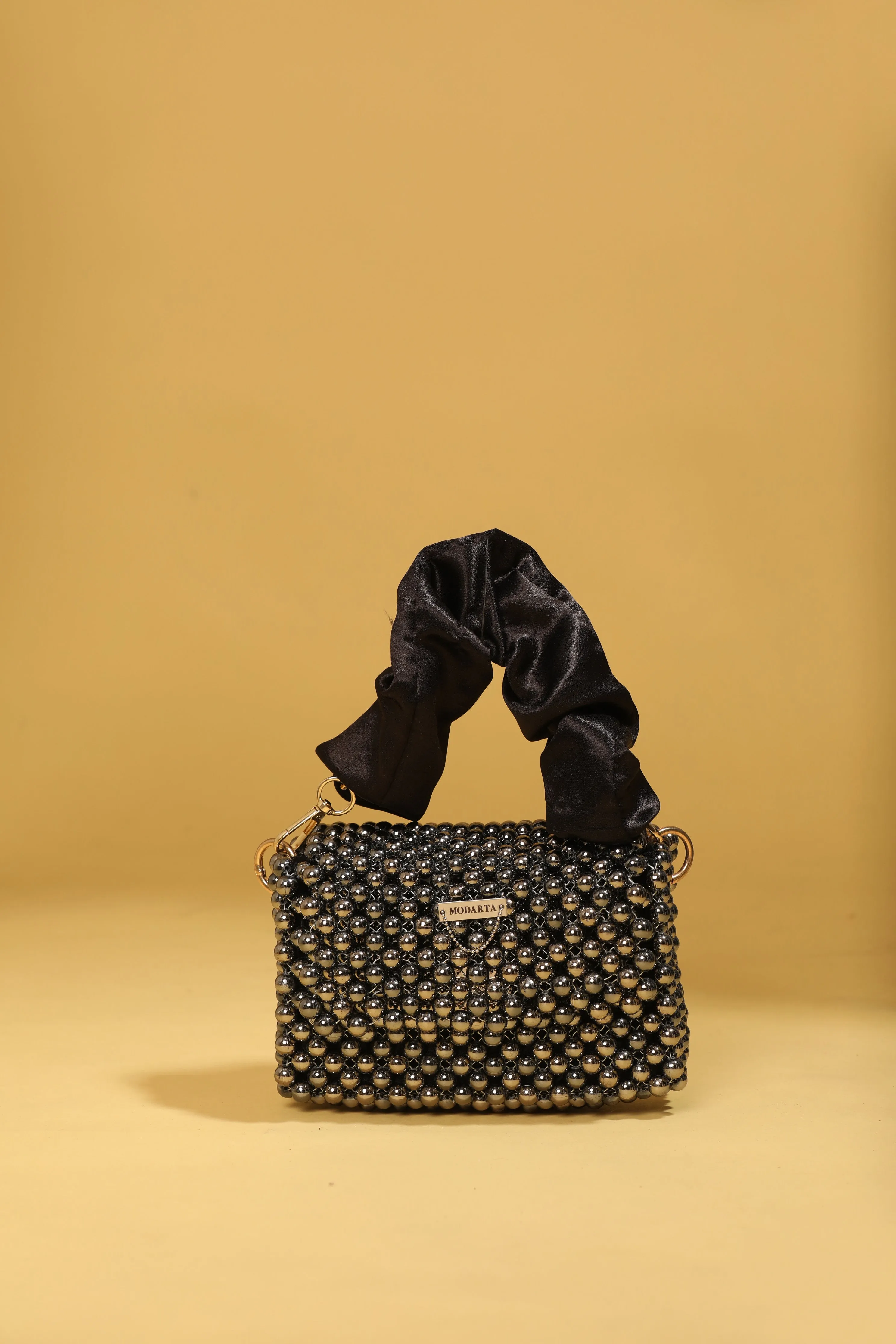 Mini Black Pearl Handbag with Satin Handle, Beaded Evening Bag for Women