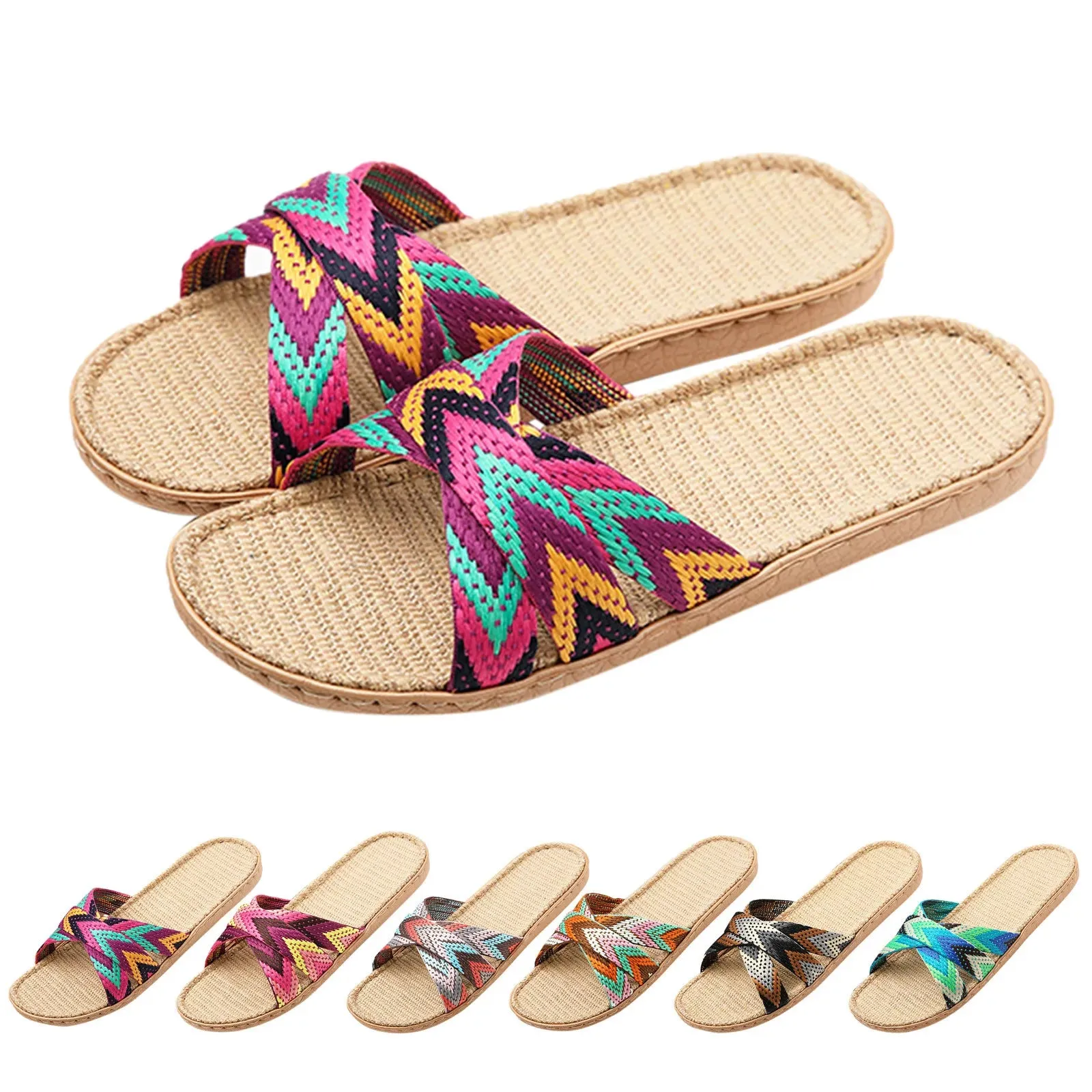 Multicolor Flax Slippers For Women Summer Linen Indoor Shoes Home