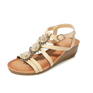 ♡QueenBB♡ Womens Wedge Sandals Summer Rhinestone Bohemian Beaded Ankle Strap Beach Wear Sandal Khaki