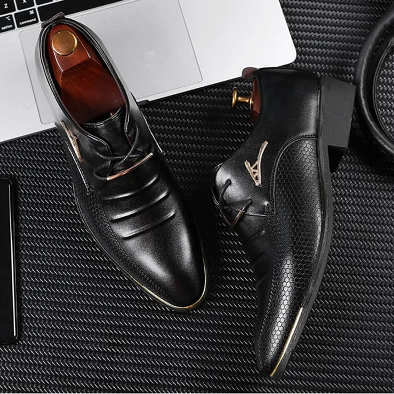 REETENE Men'S Leather Formal Shoes Lace Up Dress Shoes Oxfords Fashion Retro Shoes Elegant Work Footwear Men Dress Shoes