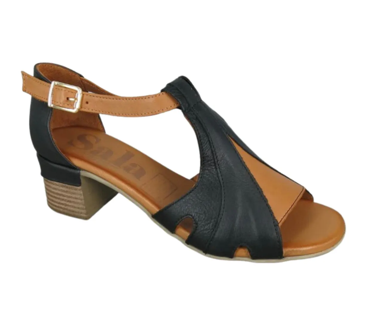 Sala Europe Noeli Black Open Toe T-Bar Court Shoe Made In Turkey