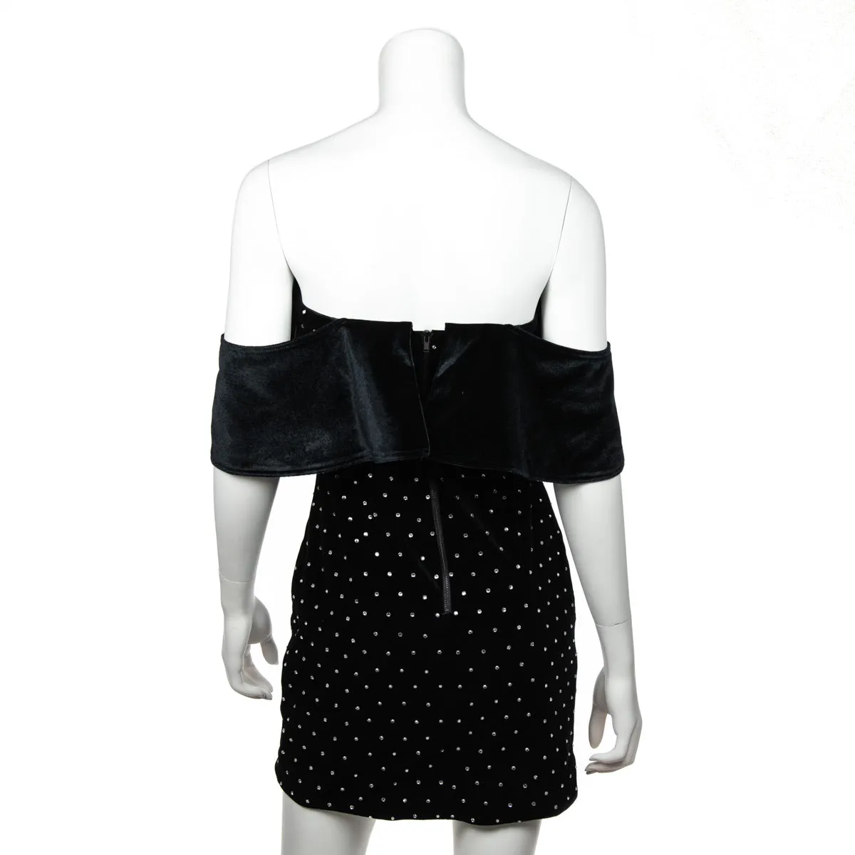 Self-Portrait Black Velvet Rhinestone-Embellished Off-the-Shoulder Mini Dress Size XXS | UK 6