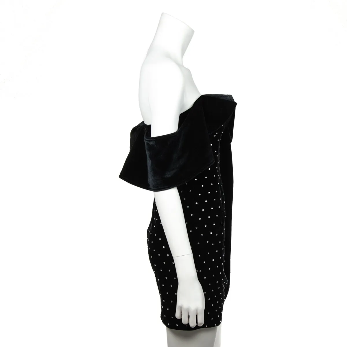 Self-Portrait Black Velvet Rhinestone-Embellished Off-the-Shoulder Mini Dress Size XXS | UK 6