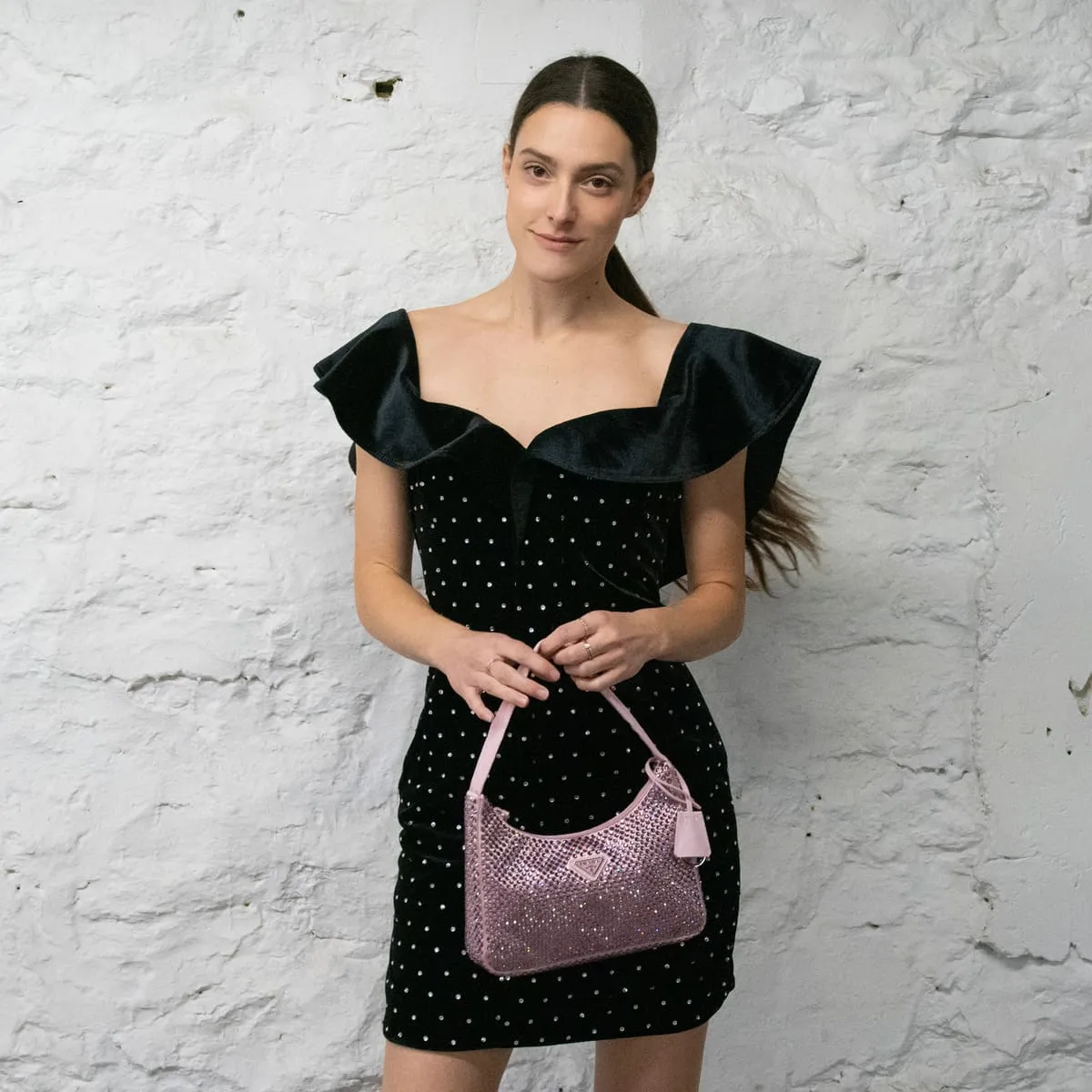Self-Portrait Black Velvet Rhinestone-Embellished Off-the-Shoulder Mini Dress Size XXS | UK 6