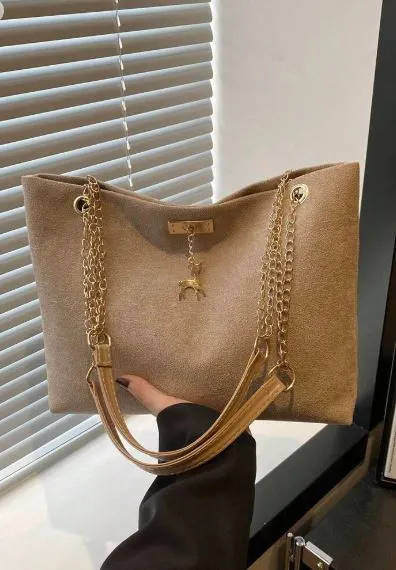 Shein 1pc Polyester Deer Decoration Large Capacity Zipper Closure Fashion Shoulder Tote Bag  