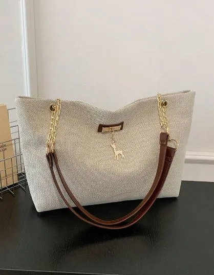 Shein 1pc Polyester Deer Decoration Large Capacity Zipper Closure Fashion Shoulder Tote Bag  