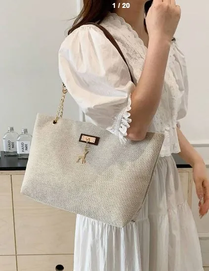 Shein 1pc Polyester Deer Decoration Large Capacity Zipper Closure Fashion Shoulder Tote Bag  