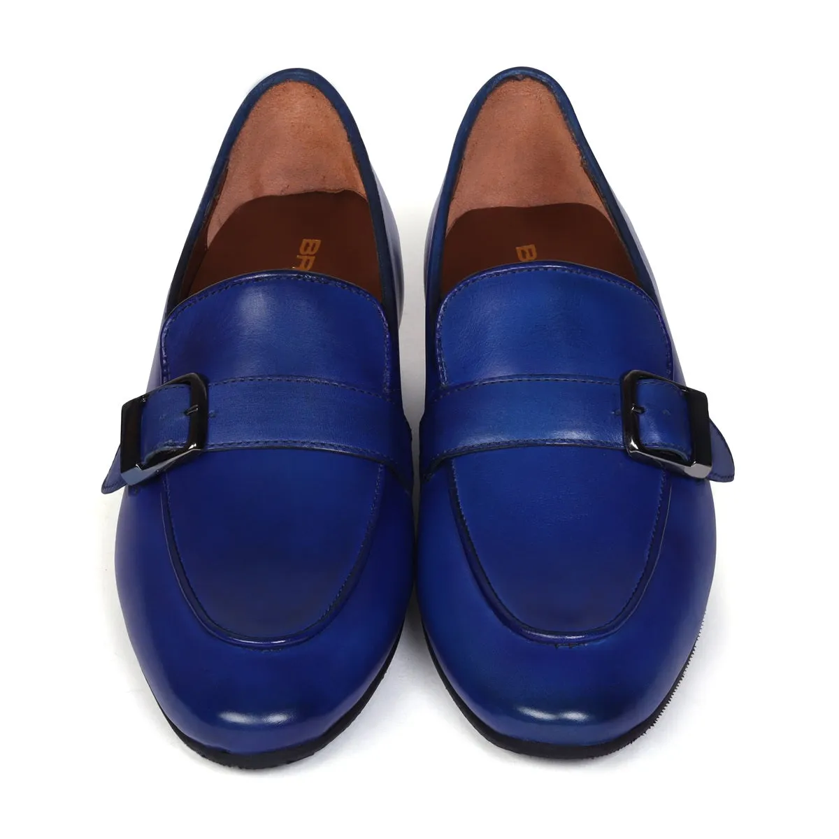 Slant Collar Blue Leather Single Monk Buckle Strap Apron Toe Slip-On Shoe By Brune & Bareskin