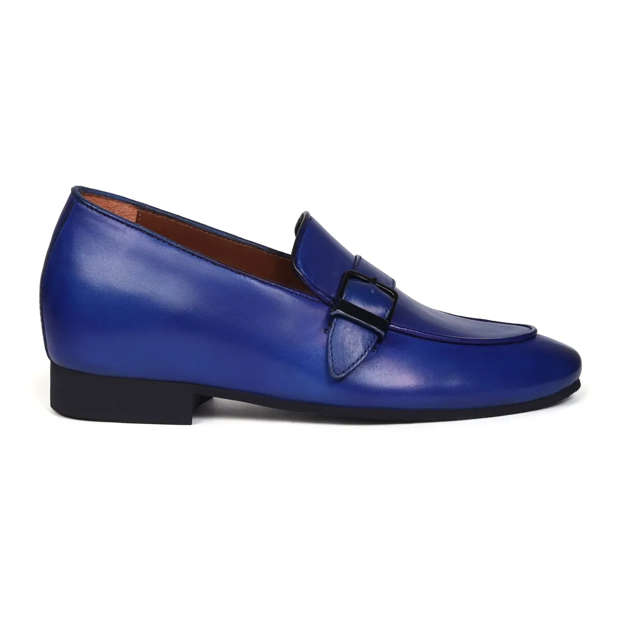 Slant Collar Blue Leather Single Monk Buckle Strap Apron Toe Slip-On Shoe By Brune & Bareskin