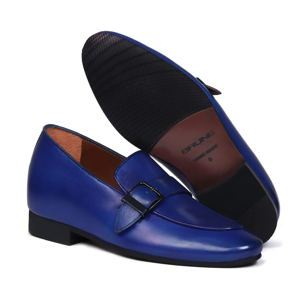 Slant Collar Blue Leather Single Monk Buckle Strap Apron Toe Slip-On Shoe By Brune & Bareskin