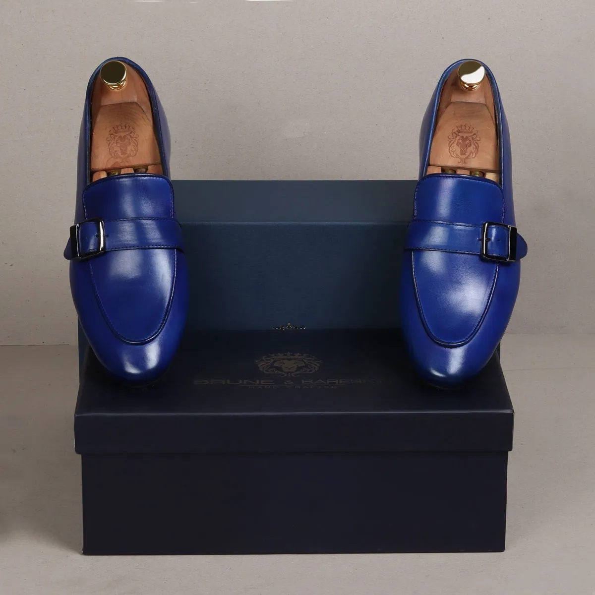 Slant Collar Blue Leather Single Monk Buckle Strap Apron Toe Slip-On Shoe By Brune & Bareskin