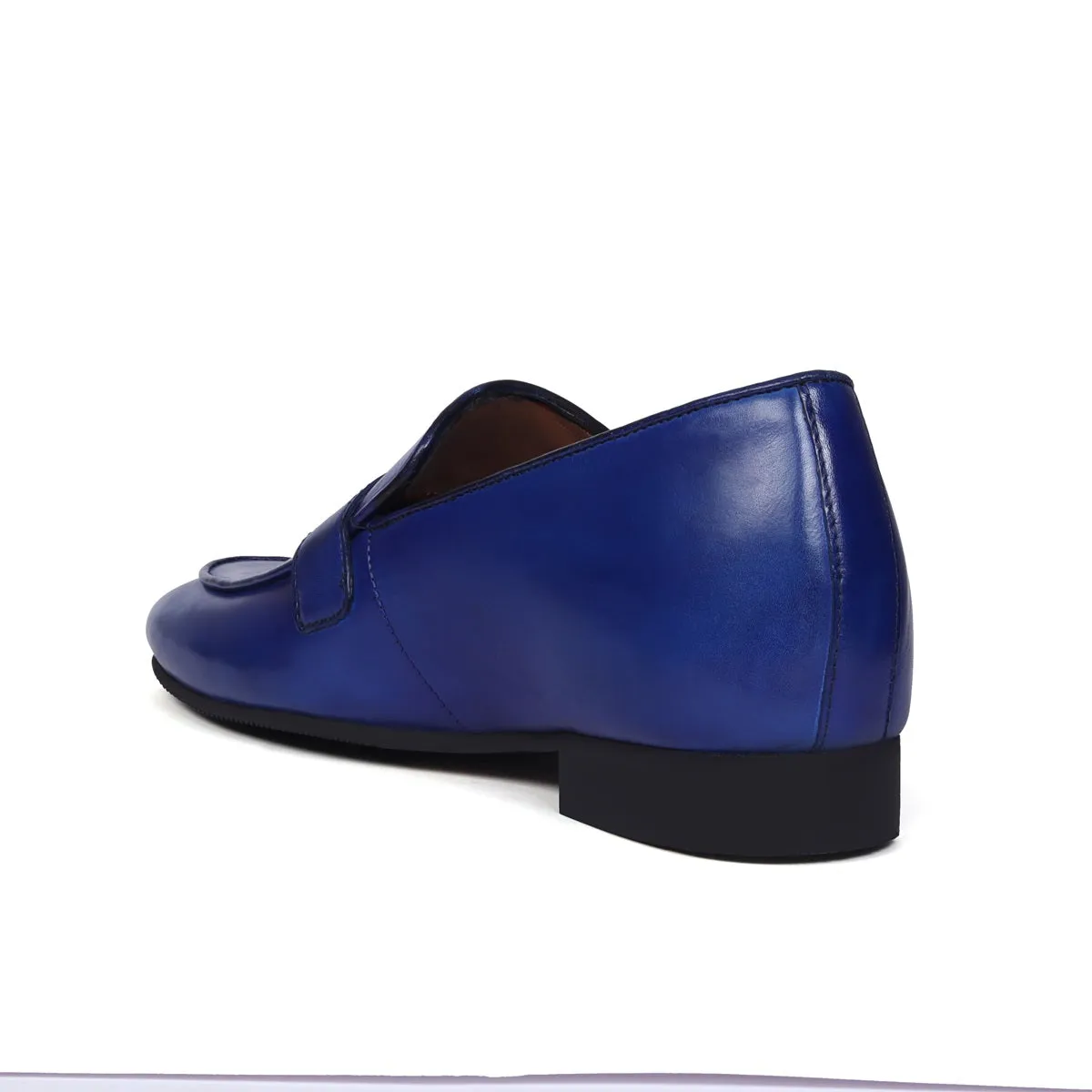 Slant Collar Blue Leather Single Monk Buckle Strap Apron Toe Slip-On Shoe By Brune & Bareskin