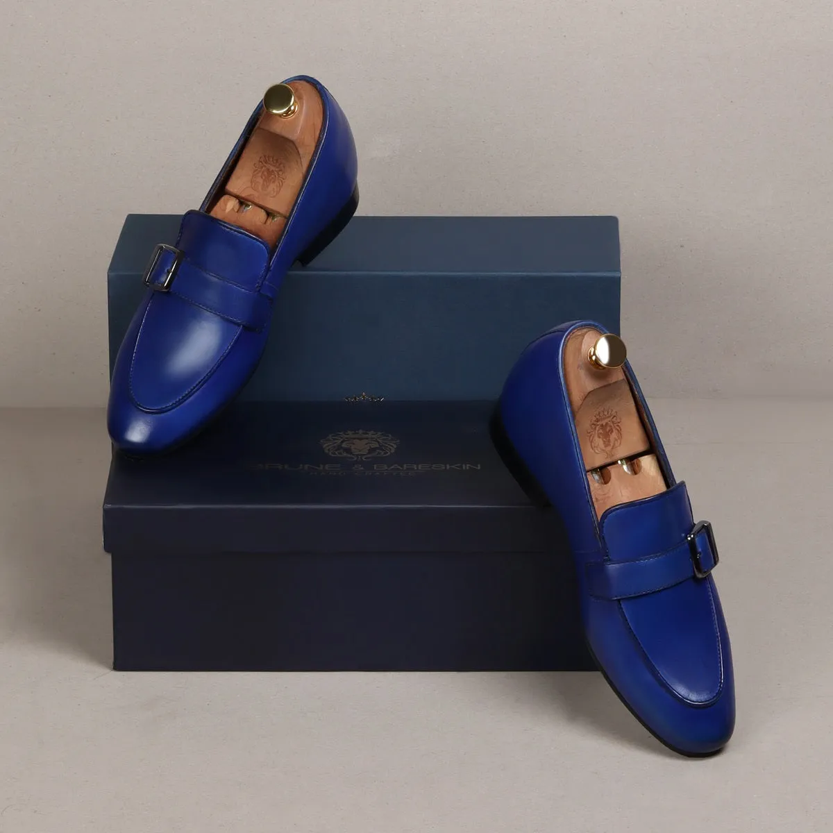 Slant Collar Blue Leather Single Monk Buckle Strap Apron Toe Slip-On Shoe By Brune & Bareskin