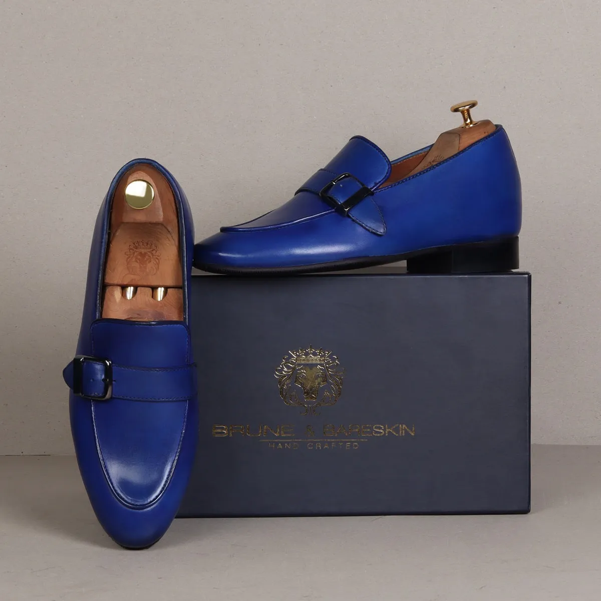 Slant Collar Blue Leather Single Monk Buckle Strap Apron Toe Slip-On Shoe By Brune & Bareskin