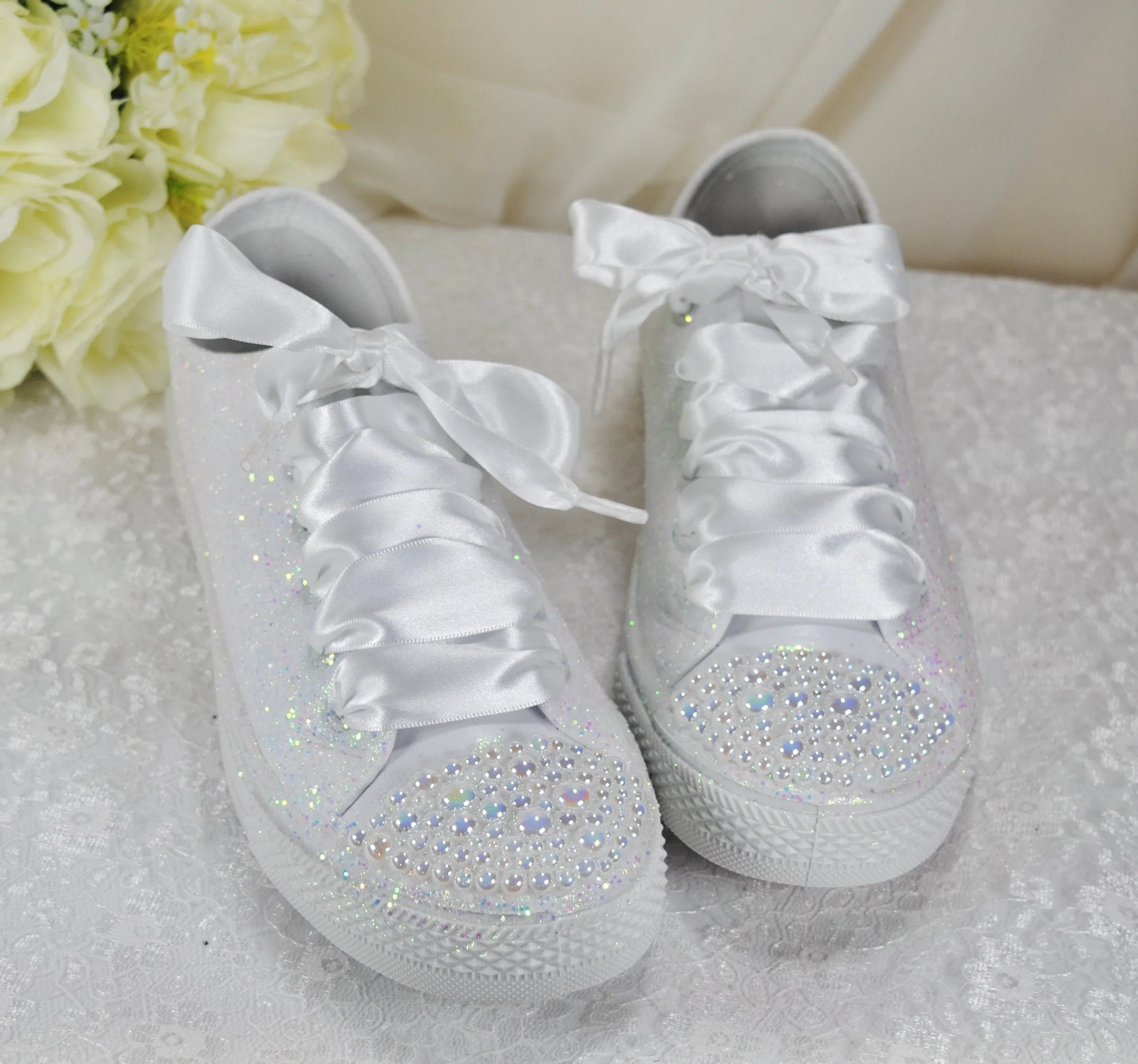 White Glitter Wedding Trainers / Sneakers - Size UK8/US10.5