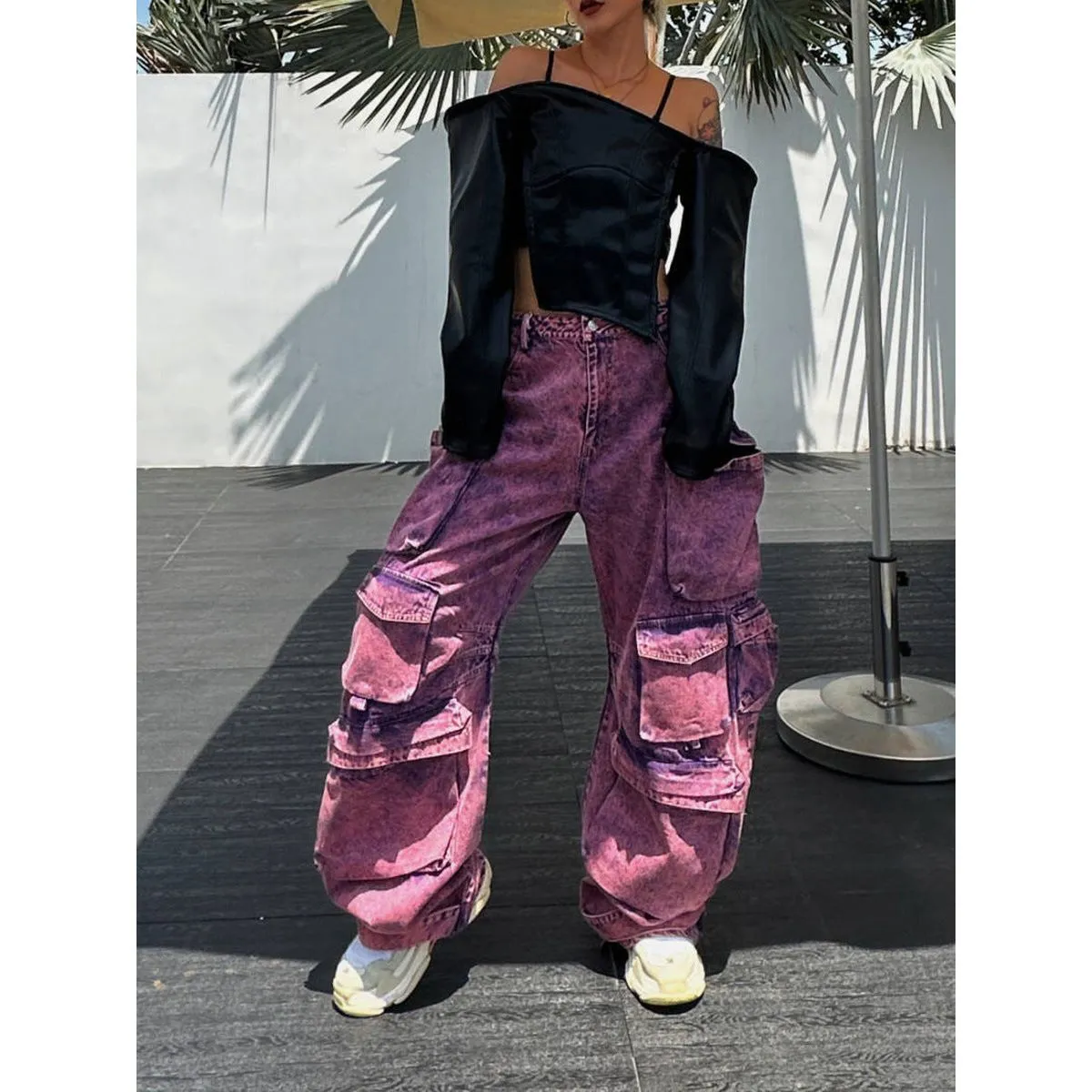 Wide-leg purple cargo pants