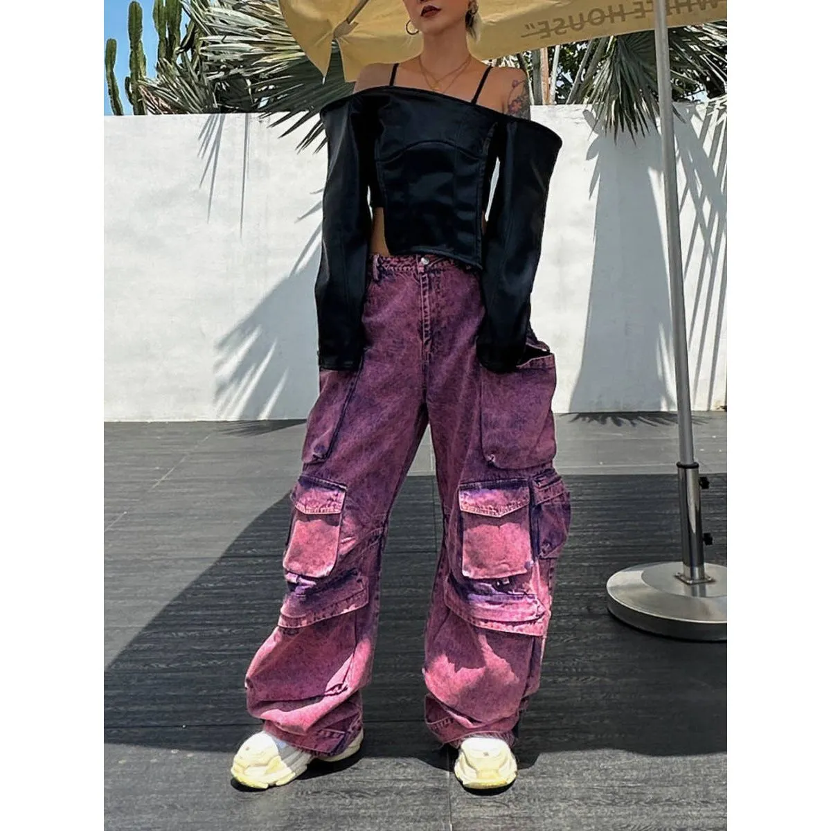 Wide-leg purple cargo pants