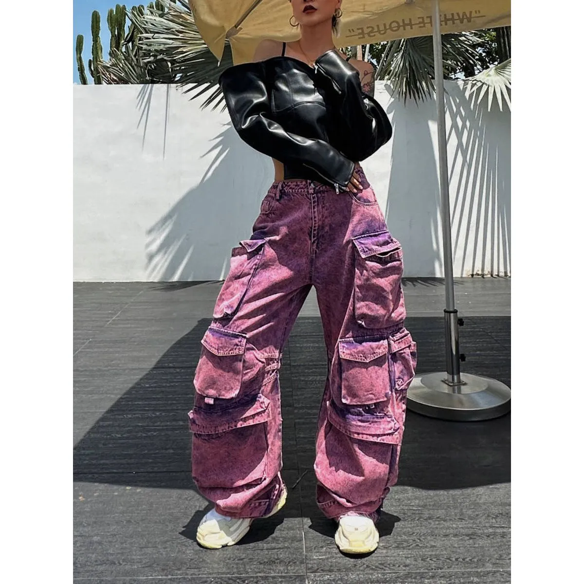Wide-leg purple cargo pants