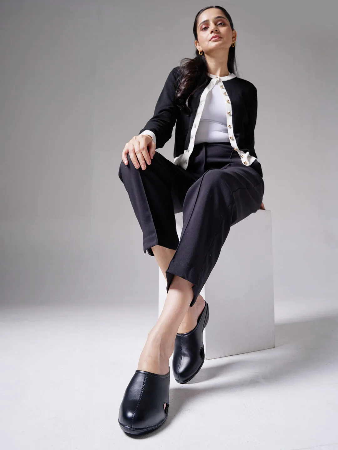 Women Black Back Open Flatform Formal Slip On Mules Clogs Outings|All Day Comfort|Office Shoes