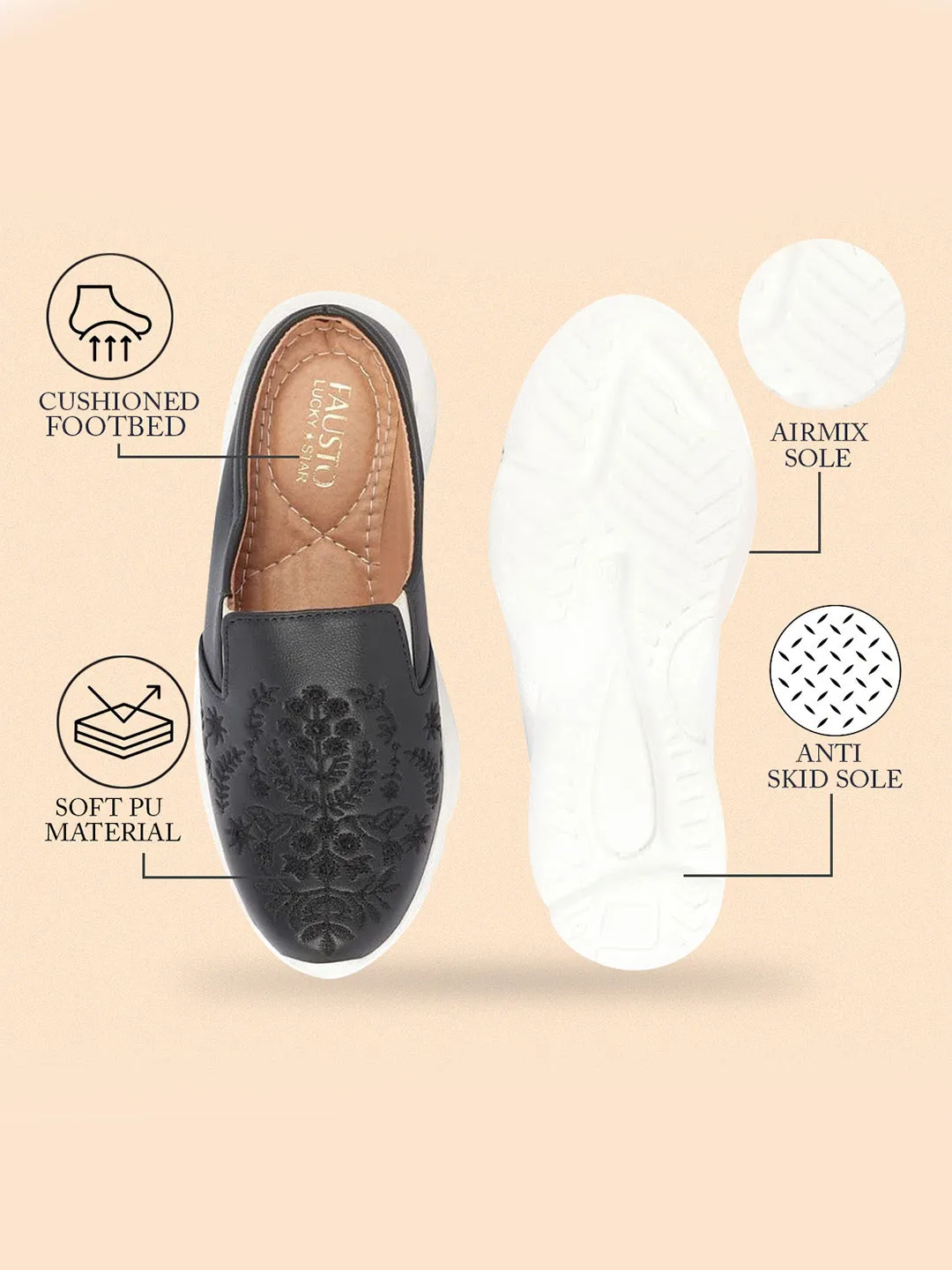 Women Black Floral Print Embroidery Design Back Open Slip On Mules Shoes