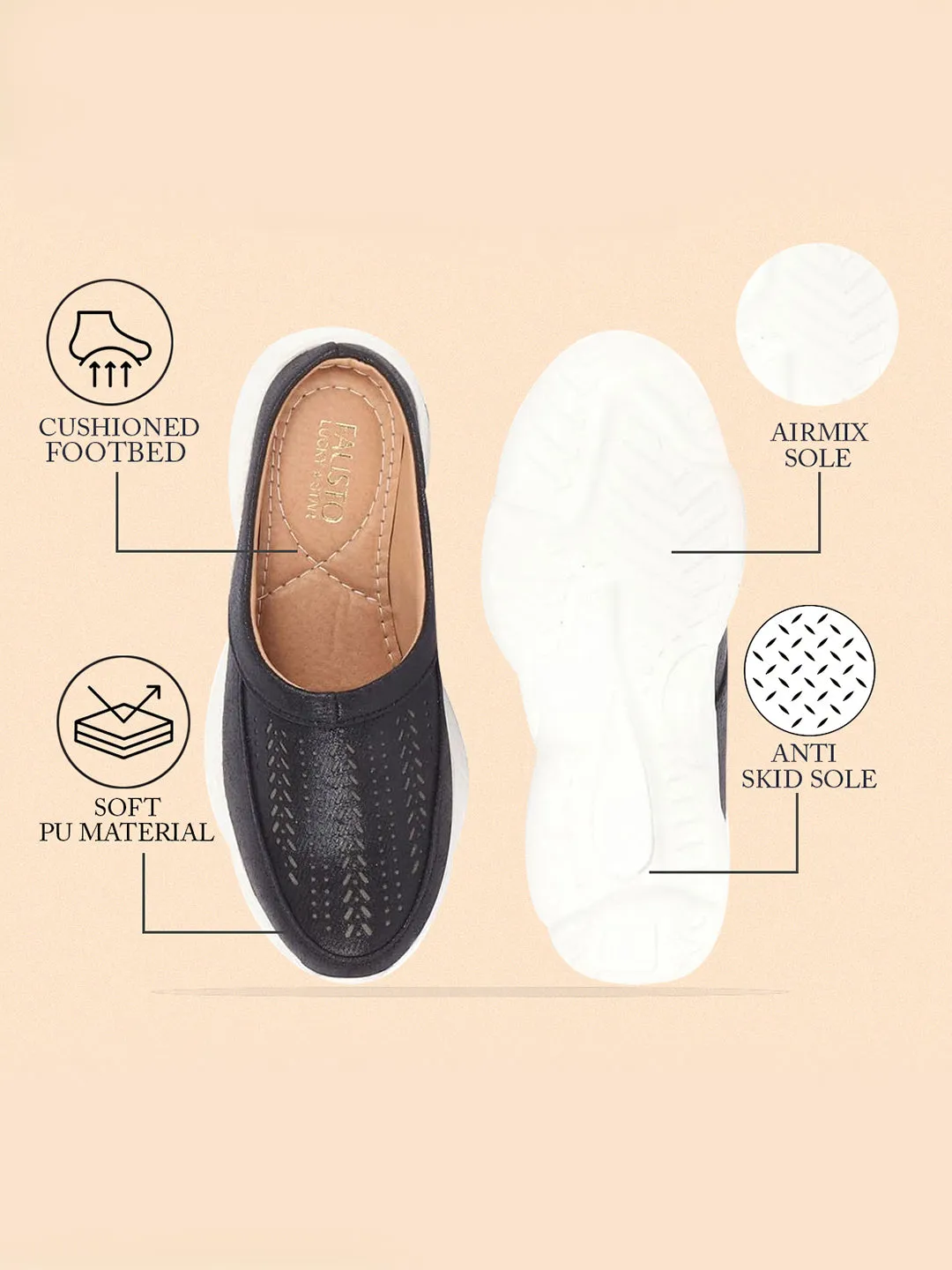Women Black Laser Cut Design Stitched Back Open Slip On Mules Shoes