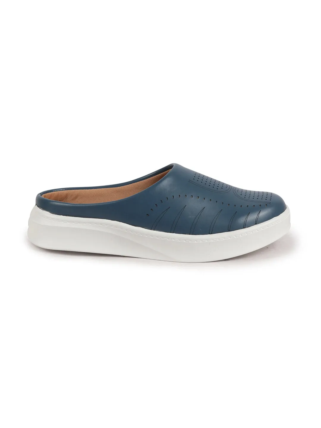 Women Blue Perforated Laser Cut Classic Back Open Slip On Mules Shoes|Work|Casual|Loafer Shoes|Comfort